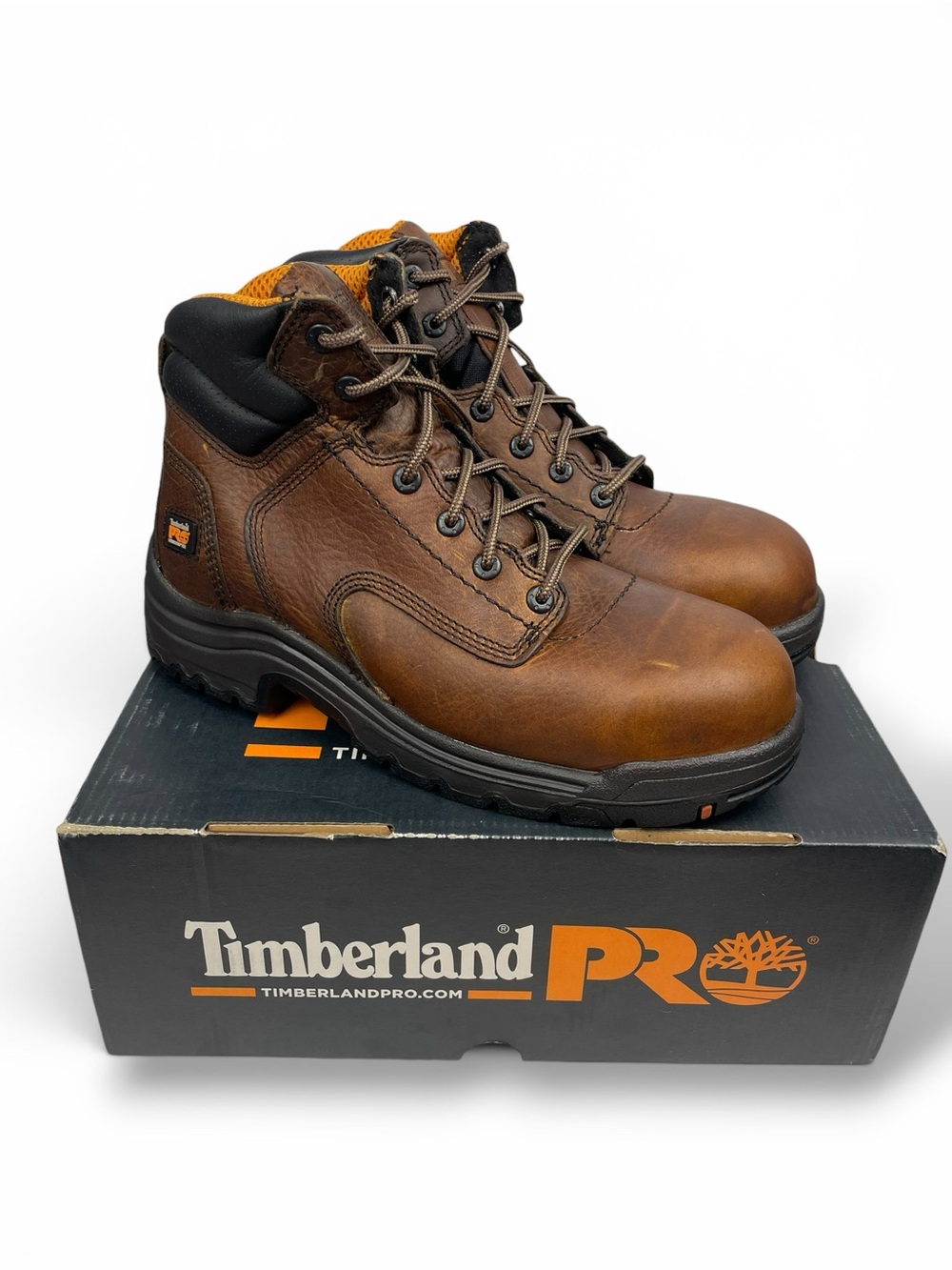 NEW Timberland Brown Leather Titan 6” composite toe Work Boots Orange Lining 8M